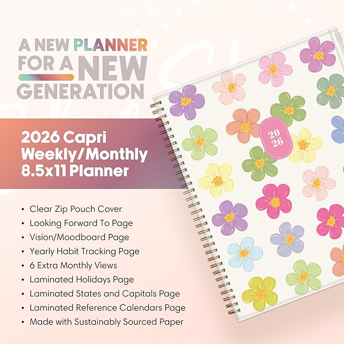 Blue Sky Gen Z 2026 Weekly and Monthly Planner Calendar, January 2026 - December 2026, 8.5" x 11", Flexible Cover With Zip Pouch, Durable Twin Wire Binding, Laminated Tabs, Storage Pocket, Capri