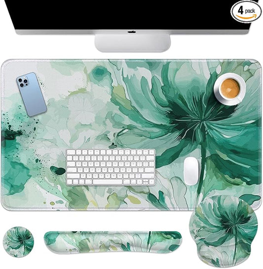 Britimes Colorful Floral Keyboard Mouse Pad Set Flower Green Summer 4in1 Large Mousepad+Keyboard Wrist Rest+Mouse Wrist Rest+Coaster Ergonomic Design for Home Office Computer 35.4x15.7 inches