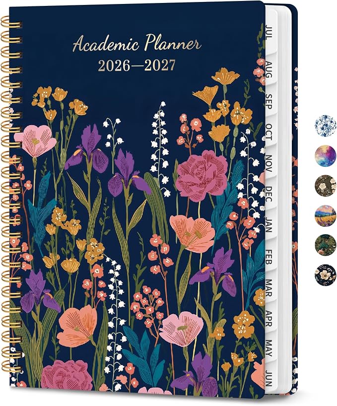Planner 2026–2027, Academic Planner Weekly and Monthly Calendar Jul 2026 – Jun 2027 Hardcover Planner with Tabs and Pocket, Spiral Bound Agenda Book for Student & Teacher, 6.3" x 8.5", Ink Blossoms