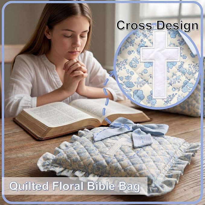 Honoson Quilted Bow Bible Sleeve Cover Case Padded Protector Washable Bible Bag Pouch Christian Gift for Women Girls Book Lover Gifts(Blue Floral Cross)