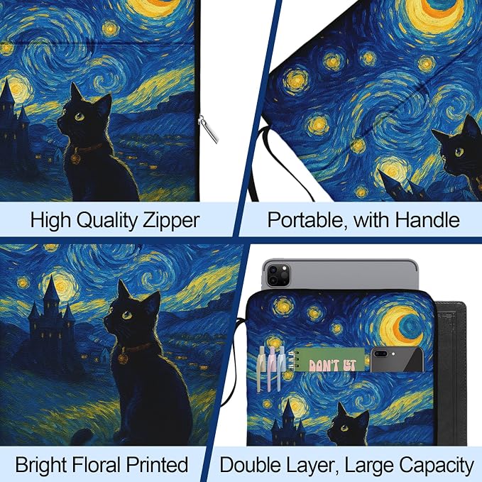Black Cat Book Sleeve for Book Lovers, Paperback Book Protector Case, PU Leather Waterproof Book Pouch with Zipper, Printed Book Carrying Case for Hardcover, Book Cover for Women Teacher Gifts