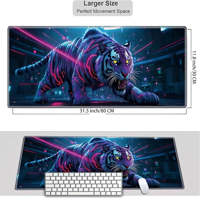 Mouse Pad Gaming Mousepad 31.5x11.8 Inch XXL Large + Coasters,Desk Mat with Stitched Edges, Non-Slip Rubber Base, Thick Mouse Pad for Computer, Laptop, Office & Home - Tiger