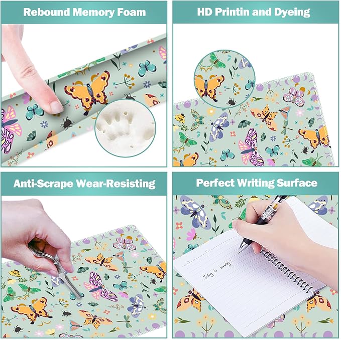 ARTSO Desk Mat Set, Aquamarine Extended Gaming Mouse Pad with Wrist Rest Support +Keyboard Wrist Rest +Coaster, Large Cute Butterfly Mousepad for Office, Home