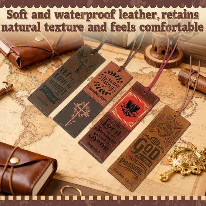 8PCS Leather Bookmark Bible Bookmarks for Reading Women Men Teacher Book Lovers Gifts, Stitched Religious Christian Bookmark Page Markers Inspirational Bible Verse Scripture Book Marks (Vintage)