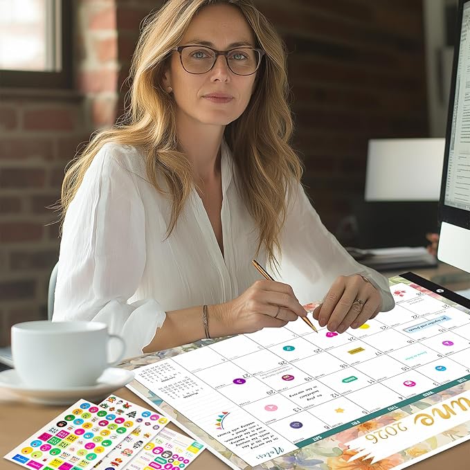 Gannyfer Desk Calendar 2026, Large 2026 Desk Calendar, 22" x 17" 18 Month Yearly Calendar 2025-2026, Thick Paper with Corner Protectors, 2026 Calendar for Home, School, or Office - Colorful Floral(6 Stickers)