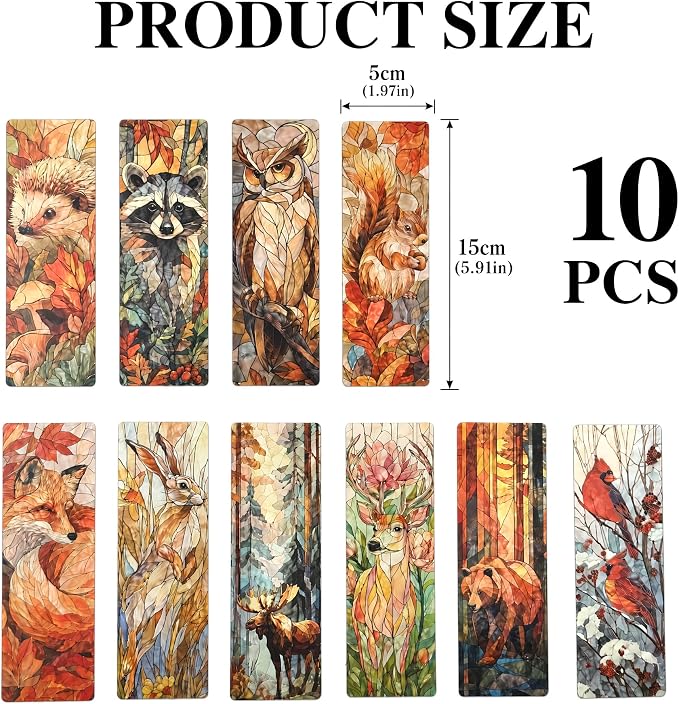 Cute Animals Bookmark Gifts - 10 Pcs Fantasy Woodland Stained Glass Bookmarks for Women Men Book Lovers Students Pretty Page Marks School Reading Accessories Bookish Birthday Graduation Gift
