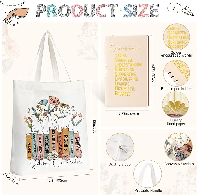 Fuutreo 3 Pcs School Counselor Must Have Appreciation Gift for Women Include 20 oz Stainless Steel Tumbler Cup Canvas Tote Bag Leather Journal Thank You Gifts for Educator Teacher, School Counselor
