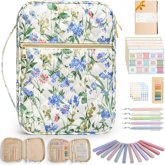 Flower Bible Cover Cases, Quilted Cotton Bible Bag with Multi Pockets 26 Pcs Study Supplies Journaling Kit, Durable Book Carrying Cases Easter Stuffers Gifts with Green Blue Flower Print