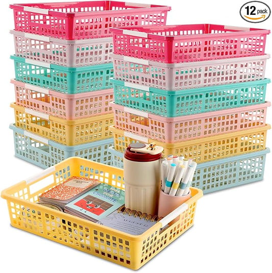 12 PCS Plastic Classroom Turn in Paper Trays Storage Bin Basket Organizers Holds 4A Paper File for School Teacher Supplies Classroom Office Home Organization and Storage Tray (Macarons)