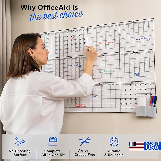 Yearly Large Dry Erase Calendar Wall Planner, 24x36, 12 Month Undated Reusable Laminated Wall Calendar, Blank Erasable Task Organizer with Notes for Office, Classroom & Home