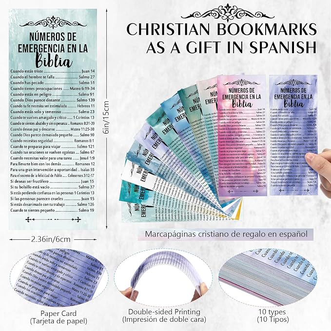 Motiskyy 100 Pcs Spanish Bible Emergency Numbers Bookmark Christian Church Gift 6 x 2.36 Inches Religious Fathers' Day Gift for Church Favor Welcome Sunday School Teacher(Watercolor)