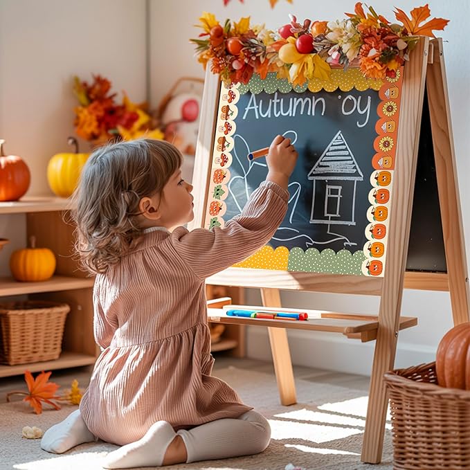FYSUIMU 60 Pcs Fall Thanksgiving Cartoon Bulletin Board Borders Retro Pumpkin Leaves Mushroom Scalloped Border Trim Autumn Self-Adhesive Sticker for Harvest Party School Home Classroom Wall Decor