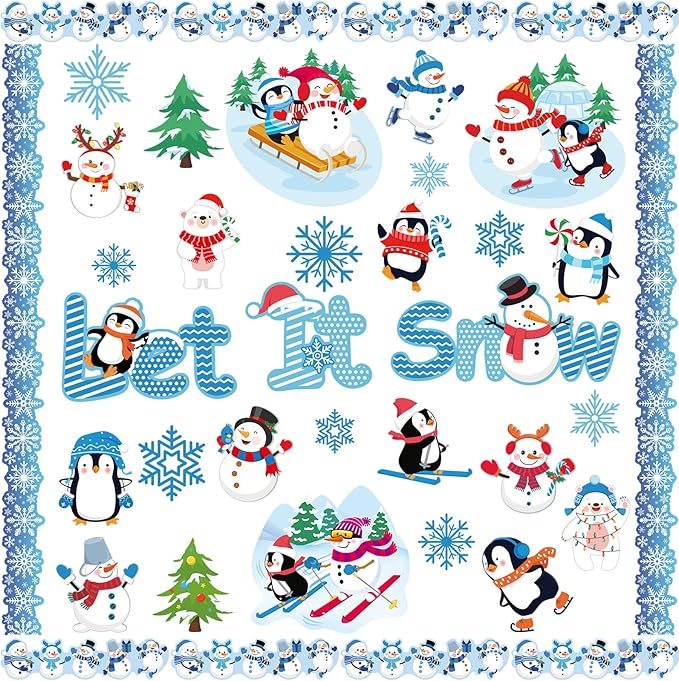 Faccito 62 Pcs Winter Bulletin Board Decorations Penguin Snowflake Snowman Cutouts Christmas Tree Cutouts Winter Snow Bulletin Board Set with Glue Point Dot for Xmas Holiday Classroom Home Party Suppy