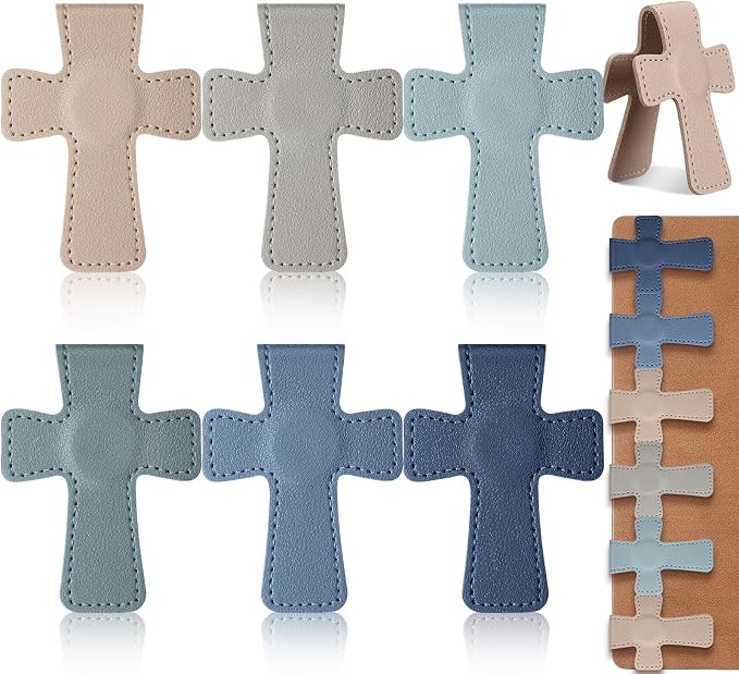 Relaxweex 6 Pcs Cross Leather Magnetic Bookmarks for Women Christian Bookmarks Page Markers Colorful Religious Cross Bookmark for Women Students Teachers Book Lovers Reading Supplies (Blue-Gray)