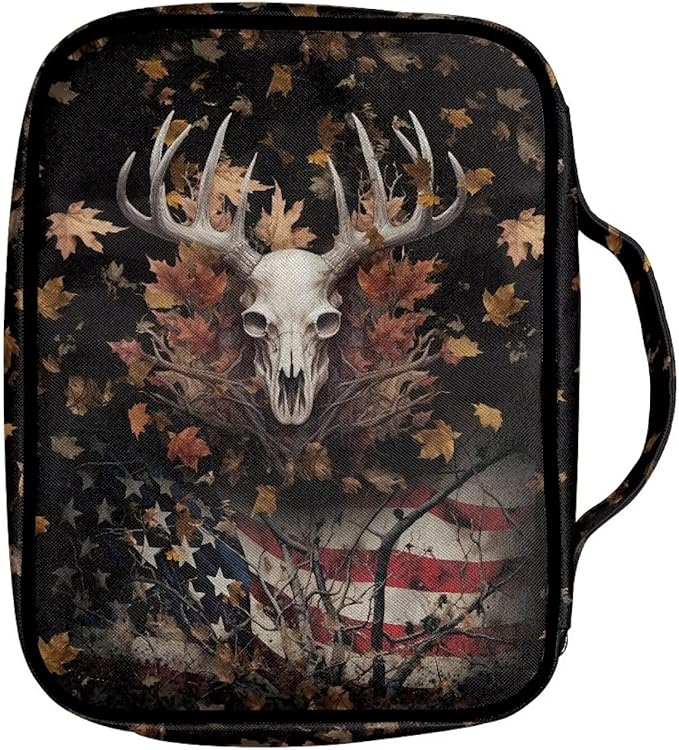 Suobstales Deer Skull Print Bible Covers for Women Men American Flag Design Bible Case Christian Bible Bag with Handle and Zippered Pocket Carrying Book Case