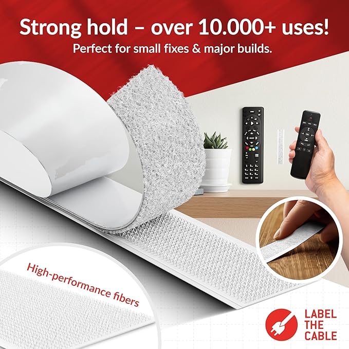 Tape, Self-Adhesive, Instant Resilient, 8 m x 20 mm, Gluing Instead of Drilling, Dots for Pictures, Upholstery, Cable Management, Double-Sided Tape (White, 8 m - 20
