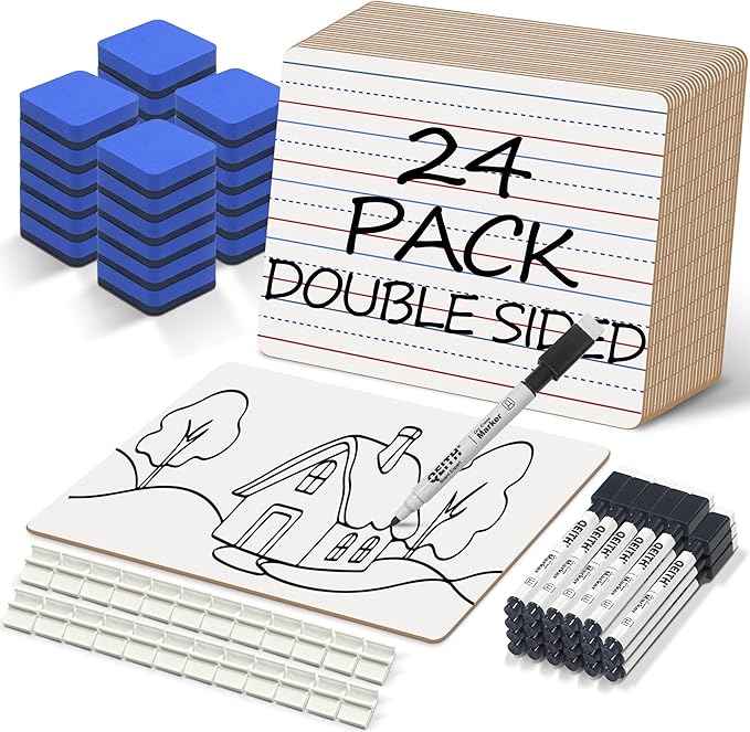 Dry Erase Boards, 24 Pack 9 x 12 Inch Mini Portable Practice White Boards with 24 Markers, 24 Erasers, Double Sided Personal Small Whiteboards with Lines for Kids, Students, Teachers Classroom School