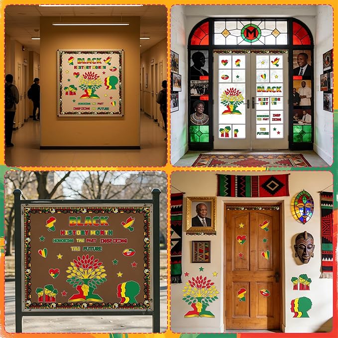 133PCS Black History Month Tree Bulletin Board Set Decorations African American Cutouts Borders with Glue Points for Wall Door Chalkboard Craft School Home Supplies