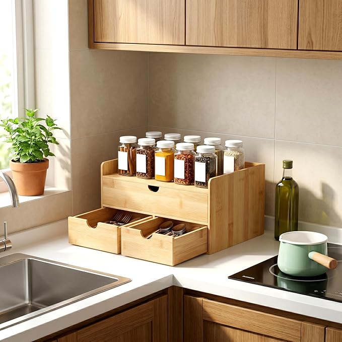 Desk Organizer with Drawers - Bamboo Desktop Organizer Storage | Wood Desk Drawers Organizer for Bills, Office Supplies, Cosmetics, Seals No Assembly Required