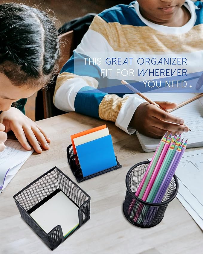 Desk Organizer Set, 6 Piece Mesh Office Accessories, Pen Holder, Phone Stand, Clip Holder, Desktop Storage Set, Black