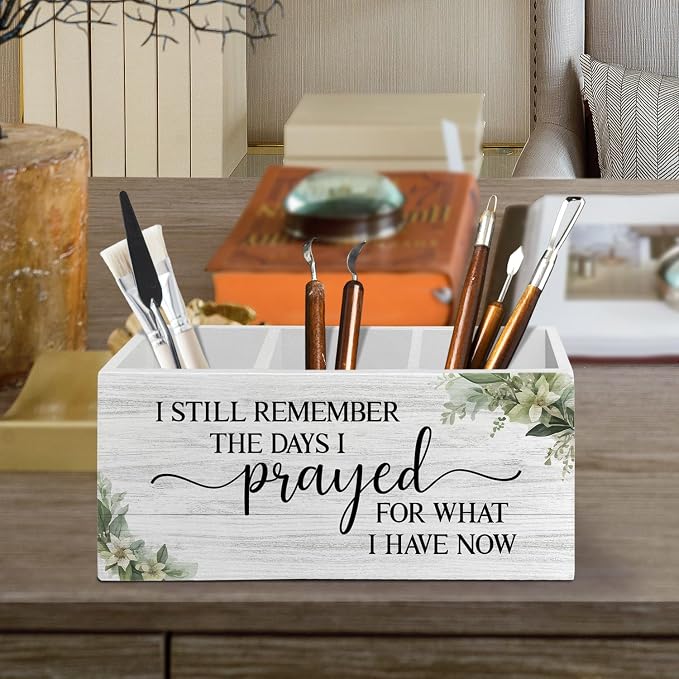 Inspirational Christian Pen Pencil Holder Organizer for Desk Accessories, Bible Verse Religious Wooden Box Sign Desk Decor for Home Office Decoration, Inspirational Christian Gifts for Women