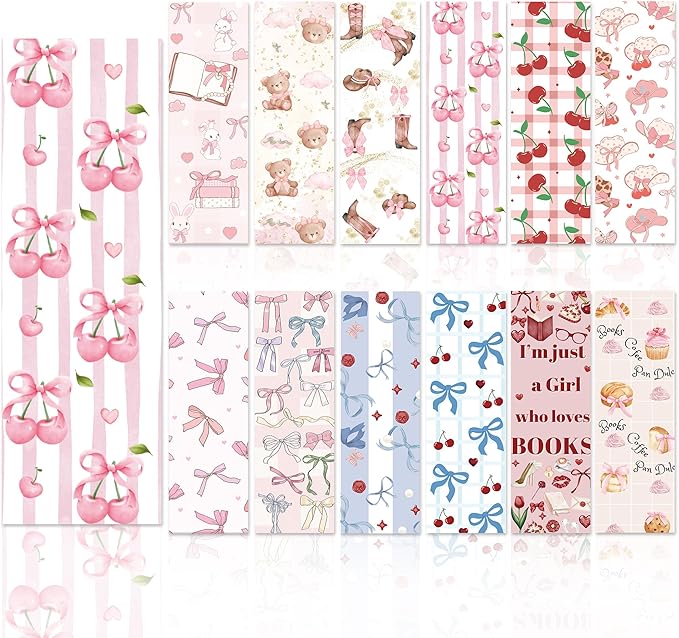 Coquette Aesthetic Bookmarks, 60 Pcs Vintage Cute Paper Book Marks Gifts(6 × 2 in), Pink Bow & Cherry Designs, Double-Sided Glitter-Laminate Reading Accessories for Women and Book Lovers