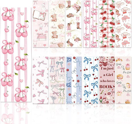 Coquette Aesthetic Bookmarks, 60 Pcs Vintage Cute Paper Book Marks Gifts(6 × 2 in), Pink Bow & Cherry Designs, Double-Sided Glitter-Laminate Reading Accessories for Women and Book Lovers