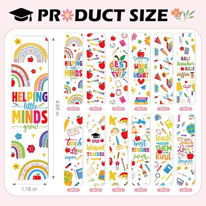 AFRITEE UV DTF Bookmark Wraps - 24 Sheets Boho Teacher Acrylic Bookmark Blank UV DTF Stickers, Book Pencil UV DTF Transfer Sticker Double-Sided Decals DIY Blanks Bookmarks Decor Gift for Teachers
