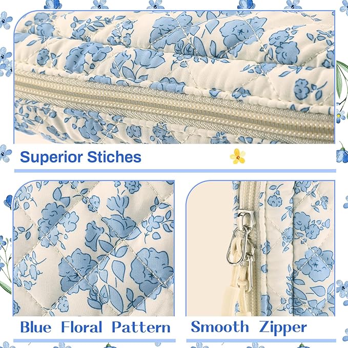 Aliceset Large Bible Cover Case for Women, Blue Floral Quilted Cotton Bible Carrying Case Organizer Bag with Handle and Zipper, for Christian Easter Gifts, Study Supplies Accessories