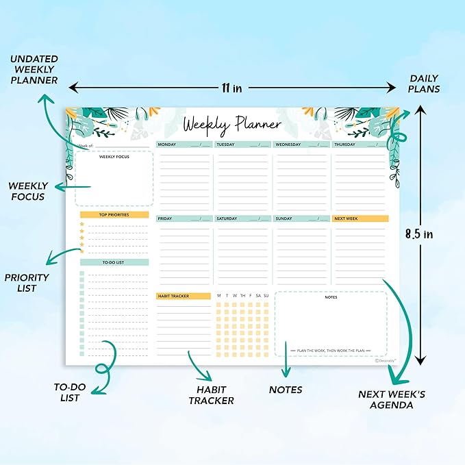 Decorably 52 Sheets Mint Green Undated Weekly Planner Notepad Large - 6.5x10in Spring-Bound Pad, for Focus, Priorities, to-Do List, Habit Tracker, Agenda, Notes - Home, School, Office