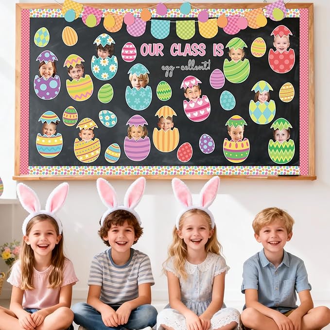 142Pcs Easter Egg Cutouts with Photo Space, Spring DIY Photo Craft Cutouts for Bulletin Board Classroom Decoration, Make Your Own Easter Egg Craft Kit for School Home Chalkboard Wall Door Decor