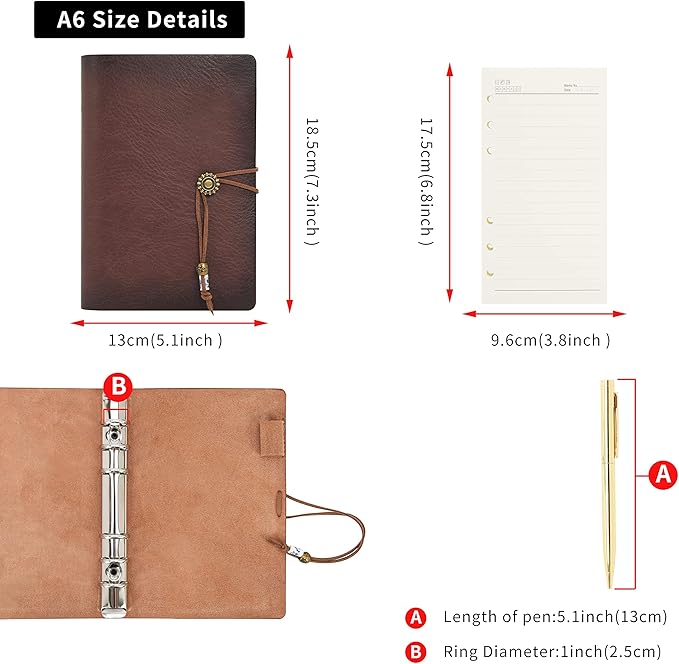 WONDERPOOL Leather Journal A6 Refillable 6 Ring Binder Notebook with Lined Paper and Pen,Writing Diary for Work Travel and Agenda Plan (A6, Grey)