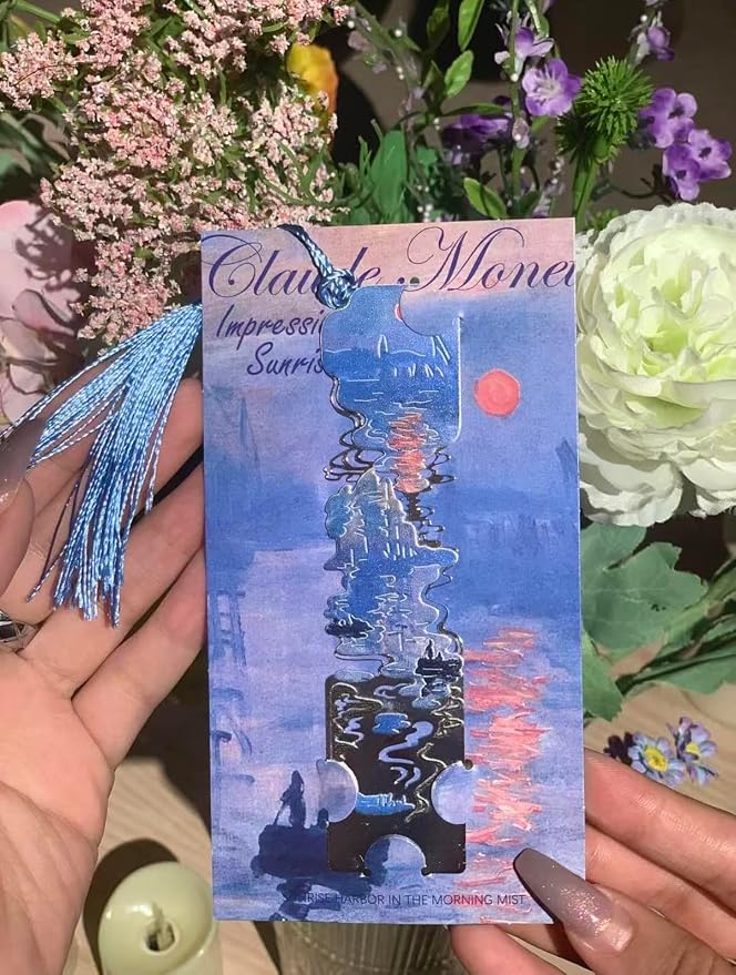 2 Pcs Metal Bookmarks with Tassel, Sliver Hollow Bookmark Oil Painting Theme Bookmark Art Bookmarks for Book Lovers Writers Readers Children Teens Men Women Adults (Woman+Sunrise)
