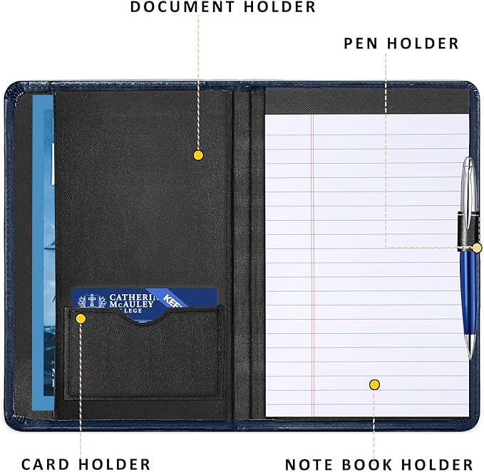 Padfolio Binder A5 Document Organizer with Refillable Lined Notepad, Junior Size Folder Portfolio for Men Women, Navy Blue