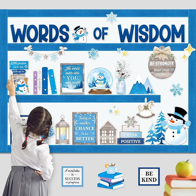 Mooliwe 57 Pcs Winter Bulletin Board Set Inspirational Snowflake Bulletin Board Decoration Positive Cutout Classroom Decoration for School Office Home Teacher Classroom Wall Supplies