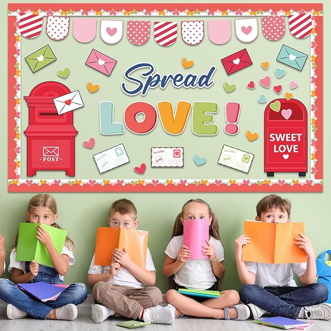 Valentine's Day Bulletin Board Decoration Spread Love Classroom Decorations Valentines Day Bulletin Board Set Love Heart Mail Box Paper Cutouts for Home School Office Chalkboard Wall Door Supplies