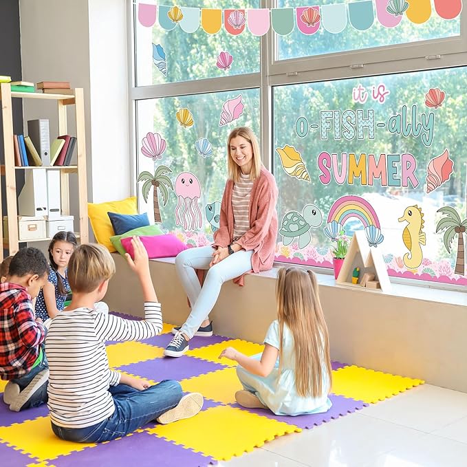 AnyDesign 80 Pcs Summer Ocean Sea Bulletin Board Decoration Cartoon Marine Animal Fish Paper Cutouts with 150 Pcs Glue Points for Tropical Party Classroom Wall Decor