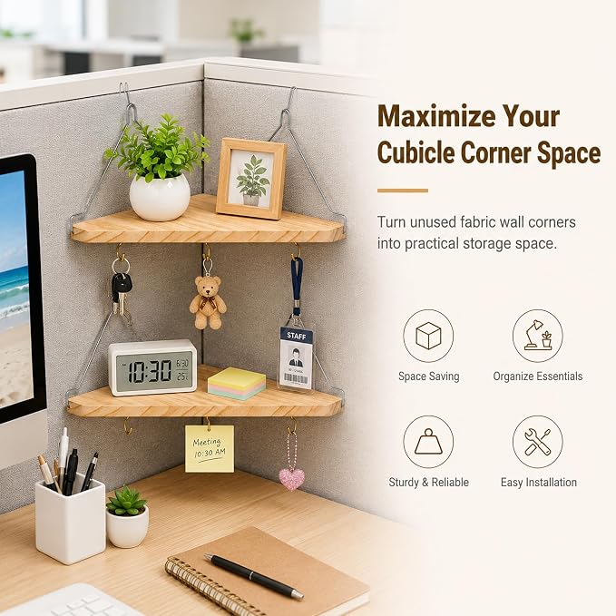 3 Pack Cubicle Corner Shelf with Hooks, Wooden Fabric Wall Organizer for Office Desk Storage, Tool-Free Cubicle Accessories for Work Decor