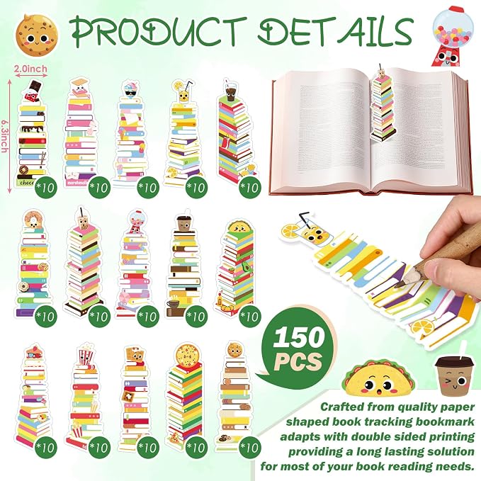 Kolldenn 150 Pcs Book Tracker Bookmarks Bulk 6.3 x 1.97 Inch Bookshelf Love to Read Bookmarks Paper Tracking Double Sided Reading Page Markers for Back to School Reading Lover(Snack)