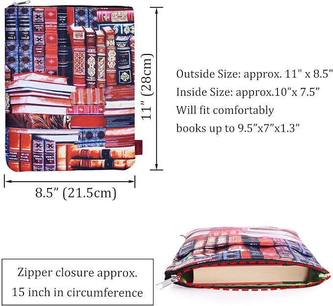 Book Sleeve for Book Lovers, Bookish Book Protector, Book Covers for Paperbacks, Washable Fabric, Book Sleeves with Zipper, Medium 11 Inch X 8.7 Inch