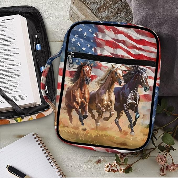 Suobstales American Flag Horse Print Bible Covers for Women Men,Carrying Book Bible Case Church Bag Lightweight Bible Bag Bible Protective with Handle and Zippered Pocket