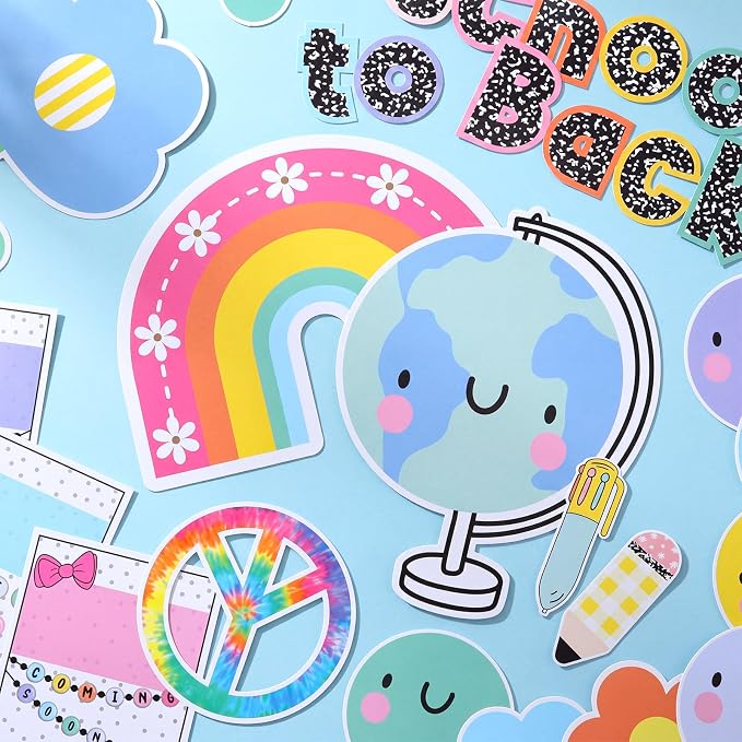 Mooliwe 94 Pcs Composition Notebook Classroom Decor Welcome Back to School Bulletin Board Set Checkered Classroom Decor Smile Face Stationery Paper Cutouts for First Day of School Wall Door(Colorful)