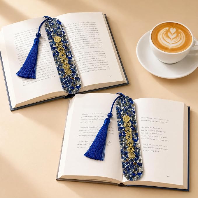 Fantasy Vintage Bookmark Gifts - Lapis Lazuli 7 Chakra Healing Crystals Resin Bookmarks for Women Men Book Lovers Beaded Tassels Page Marks Reading Accessories Bookish Birthday Graduation Gift
