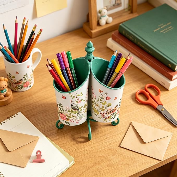 360° Rotating Metal Pen Holder for Desk, Cute Floral Bird Desktop Organizer with Dome Roof, Pencil Cup & Remote Control Holder for Home Office (Green)