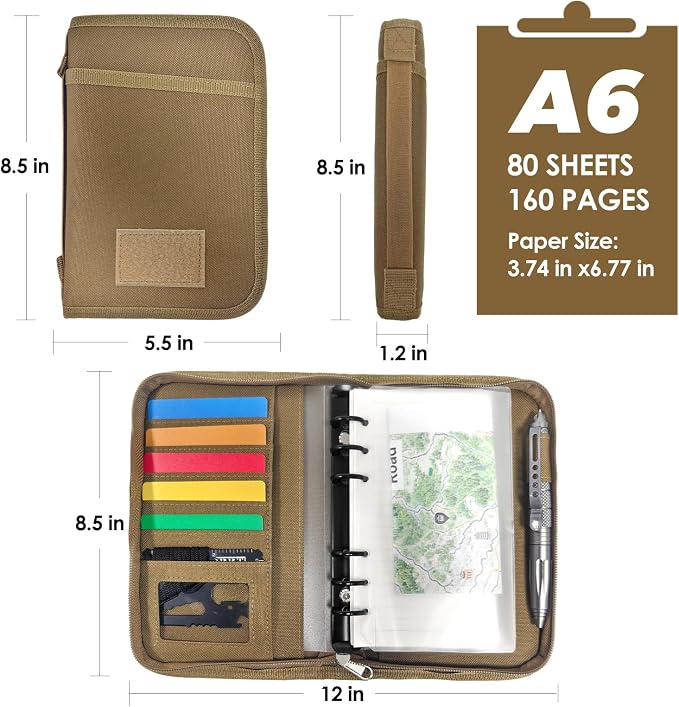 Tactical Notebook Cover, A6 Padfolio 6 Ring Binder with Big Back Pocket & Hand Strap, Zippered Hardcase Planner for Journal, College, Office, Field (Khaki, A6(5.5 x 8.5 inches))