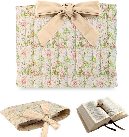 Bible Cover Case for Women,Large Bible Tote Bags for Women Organizer Quilted Bible Carrying Case(new) (Khaki Flower)