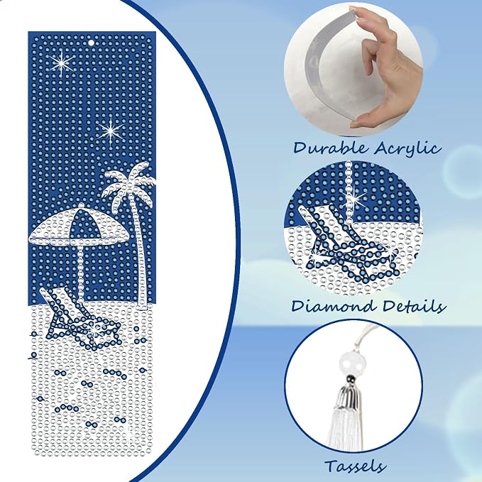 8PCS Diamond Painting Art Bookmarks,Cute Acrylic Bookmarks Crafts Kits Gifts with Tassels for Adult Women Book Lovers (Beach)