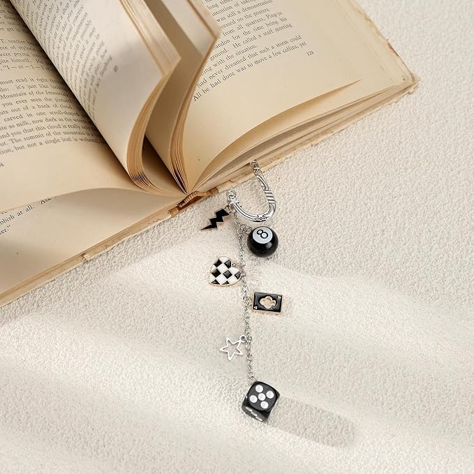 Personalized Metal Bookmark Gifts - Silver Y2K Aesthetic Bookmarks for Women Men Book Lovers Dice 8 Ball Charm Pandent Page Marks School Reading Accessories Bookish Birthday Graduation Gift