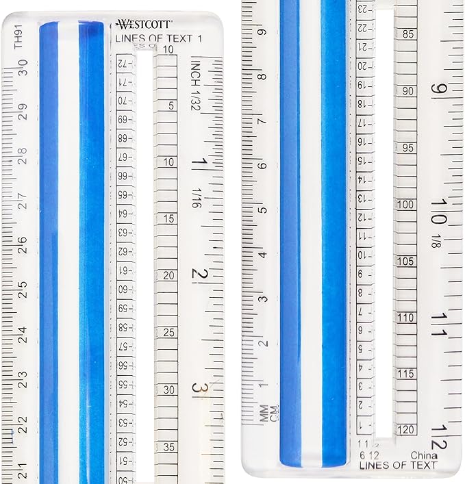 Westcott Data Processing Magnifying Ruler, 2X Magnification, 1/16-Inch & Tenths Scales, Back-to-School, School Supplies, Classroom Supplies, 12-Inch