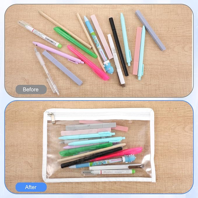10 Pack Clear Zipper Pouches PVC Waterproof Pencil Pouch, 11.5 x 7.5 Inch Plastic Makeup Bag, Multi-Purpose Document File Organizer with White Edging, Office Supplies